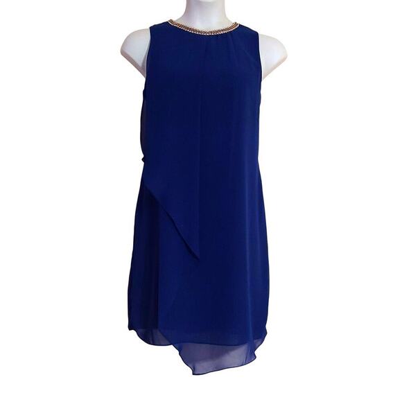 MSK Navy Blue Layered Chiffon Beaded Sleeveless Special Occasion Midi Dress - Picture 1 of 7